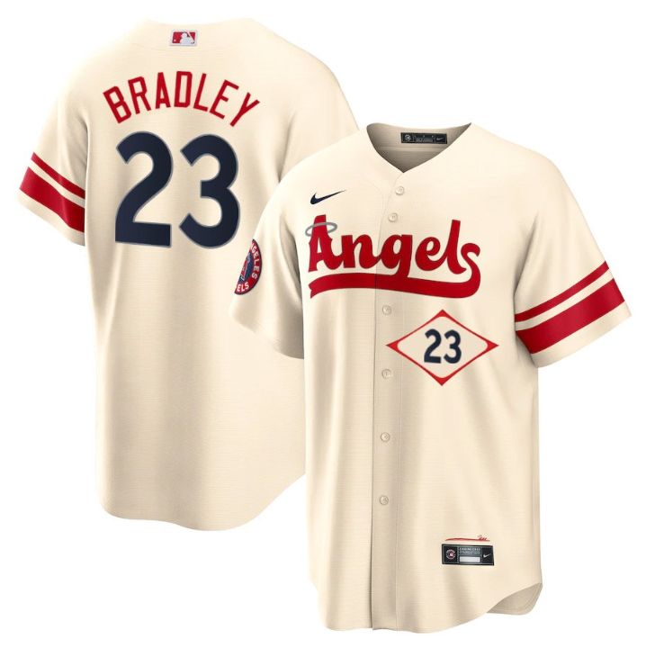 Men's Los Angeles Angels #23 Archie Bradley 2022 Cream City Connect Cool Base Stitched Jersey Men's Los Angeles Angels #23 Archie Bradley 2022 Cream City Connect Cool Base Stitched Jersey